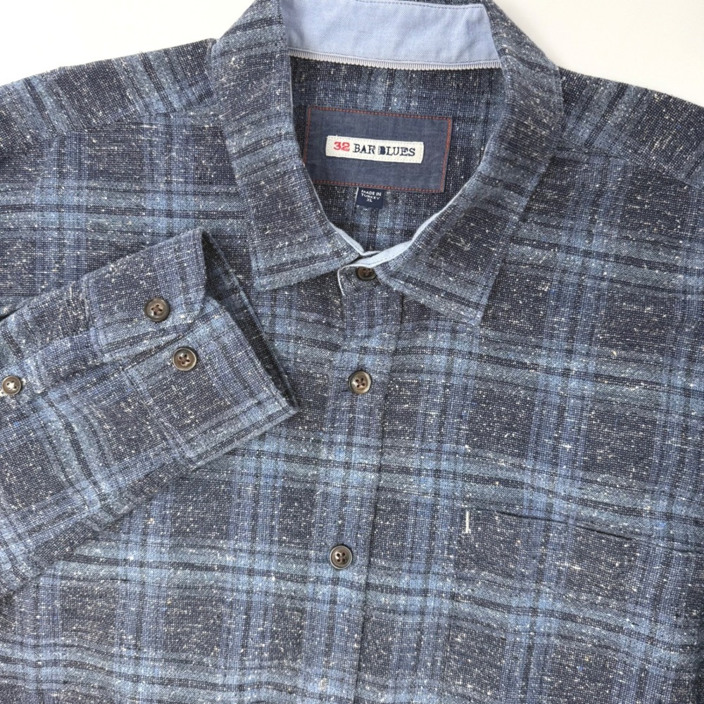 32 Bar Blues Mens XL Blue Plaid Silk Wool Blend Button Down Shirt Made in Turkey